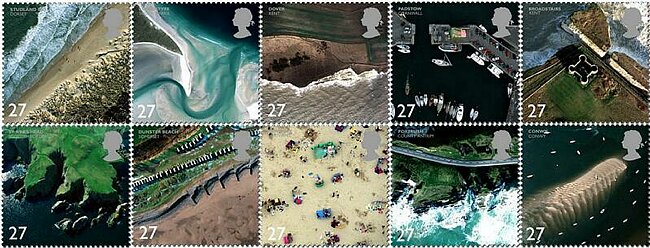Set of 10 postage stamps on the British coast.
